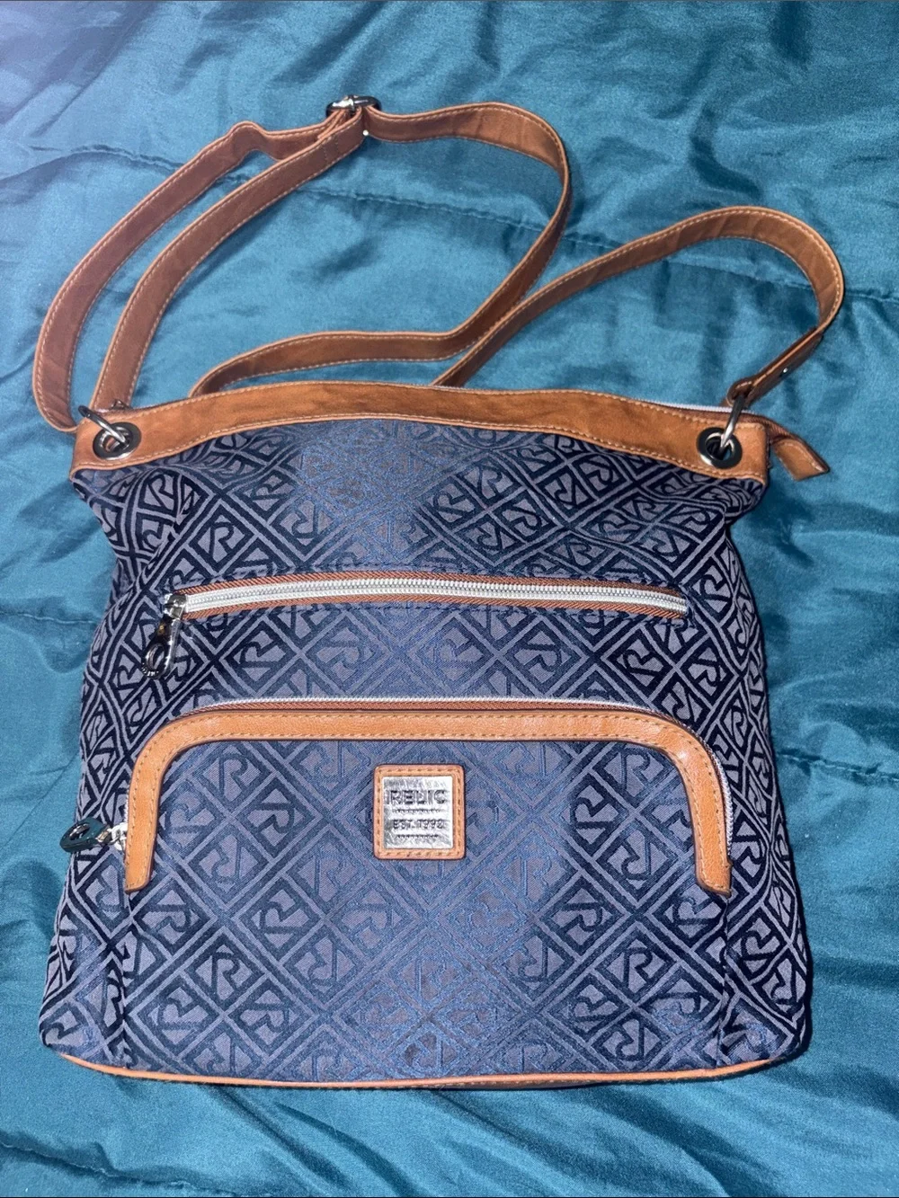 Relic - Denim - Blue Patterned Crossbody Bag w/ Tan Trim